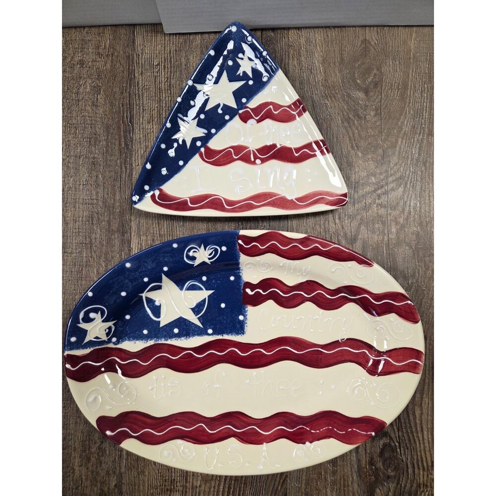 Expressly Yours Hand-Painted Artist Signed Americana USA Platter Plate Set